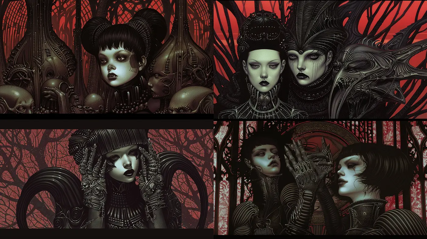 Gothic Elegance with a Hint of Art Nouveau: A Fusion of Dark Romanticism and Organic Ornamentation - Midjourney sref style