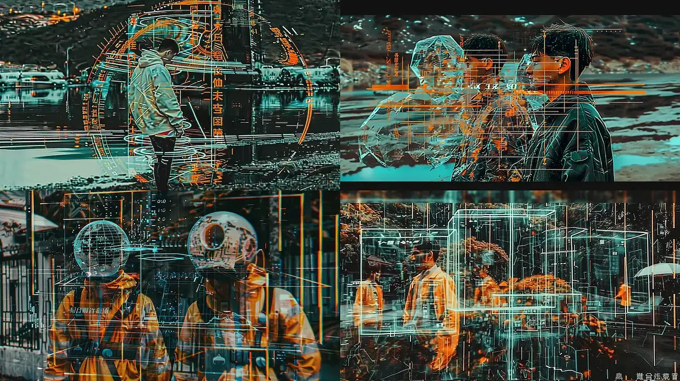 Futuristic Cyberpunk Aesthetic with Distinct Neon Accents and Textured Overlay - Midjourney sref style
