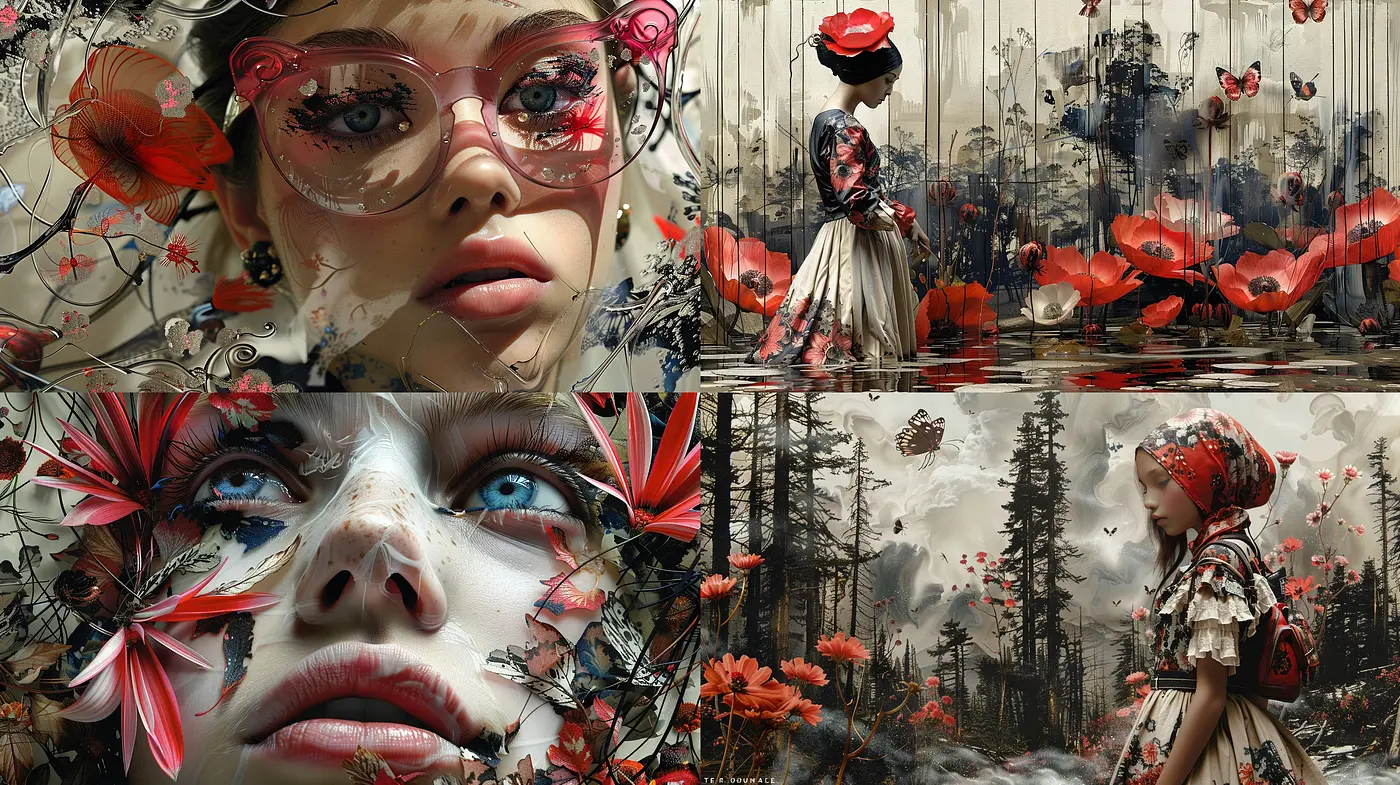 Ethereal Nostalgia: A Melancholic Dance with Vivid Florals and Surreal Overtones - Midjourney sref style