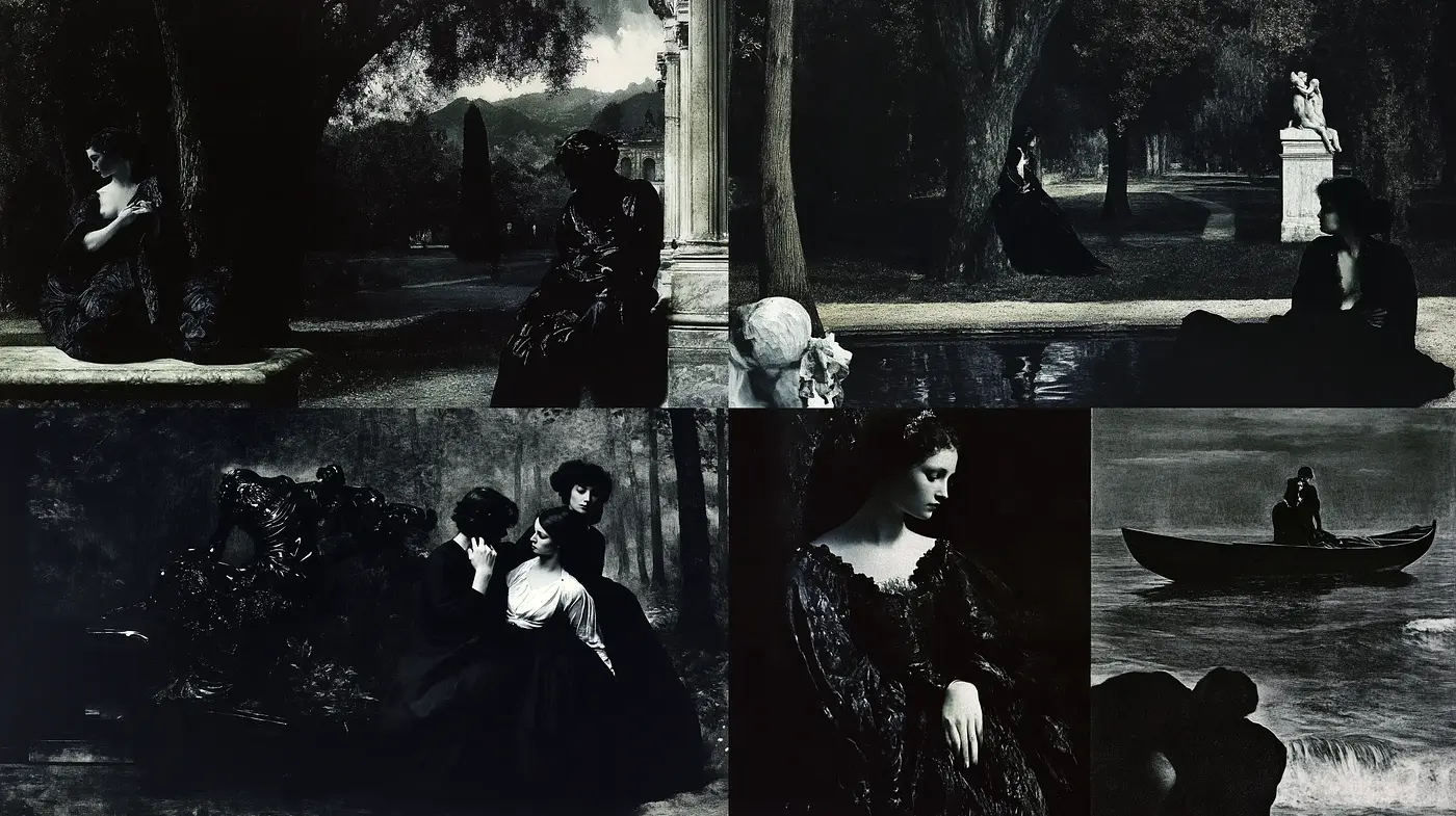 Nocturnal Elegance in Monochrome: A Homage to Classical Romanticism and Baroque Shadows - Midjourney sref style