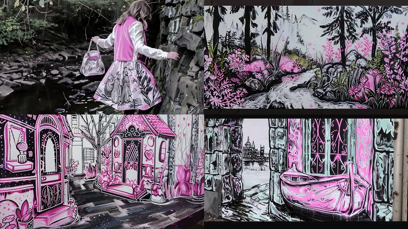 Monochrome Magic with a Splash of Vivid Pink: A Harmonious Blend of Contrast and Whimsy - Midjourney sref style