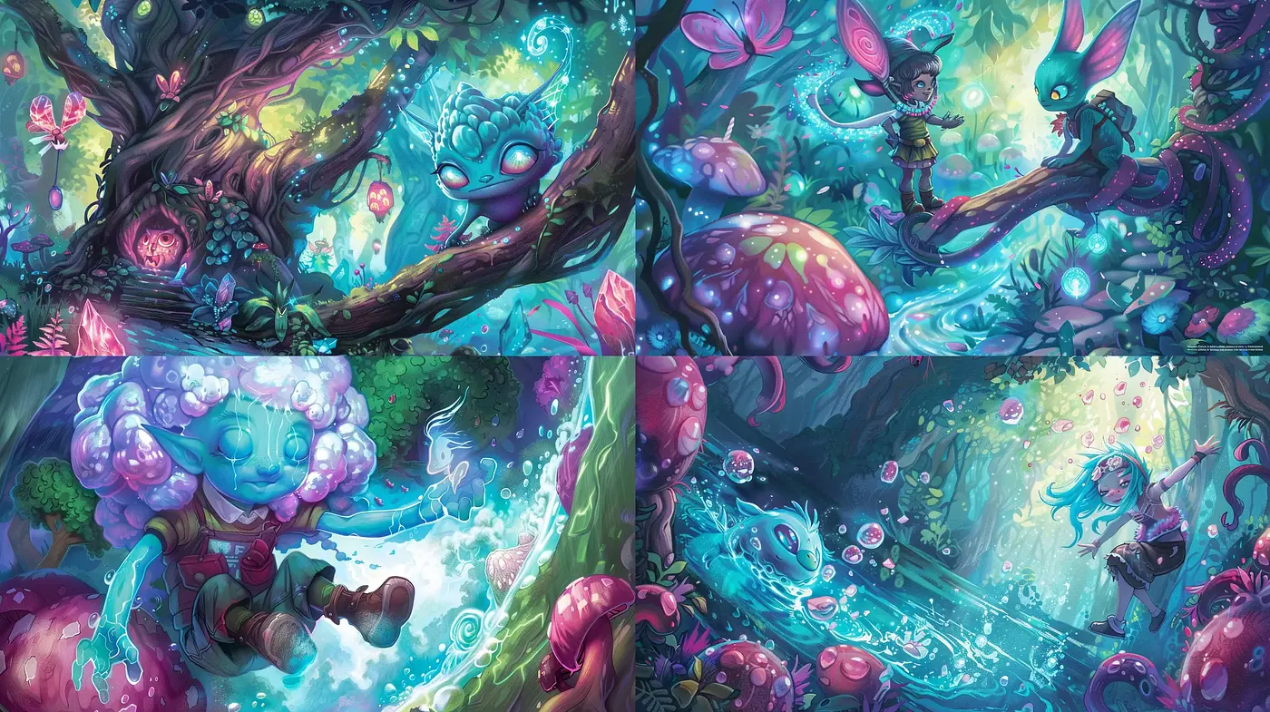 Enchanted Fantastical Forest: A Whimsical World of Vibrant Hues and Dreamlike Imagery - Midjourney sref style