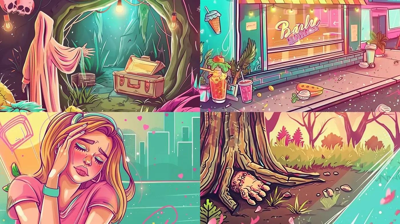 Neon Nostalgia with Surrealistic Cartoon Vibes - Midjourney sref style