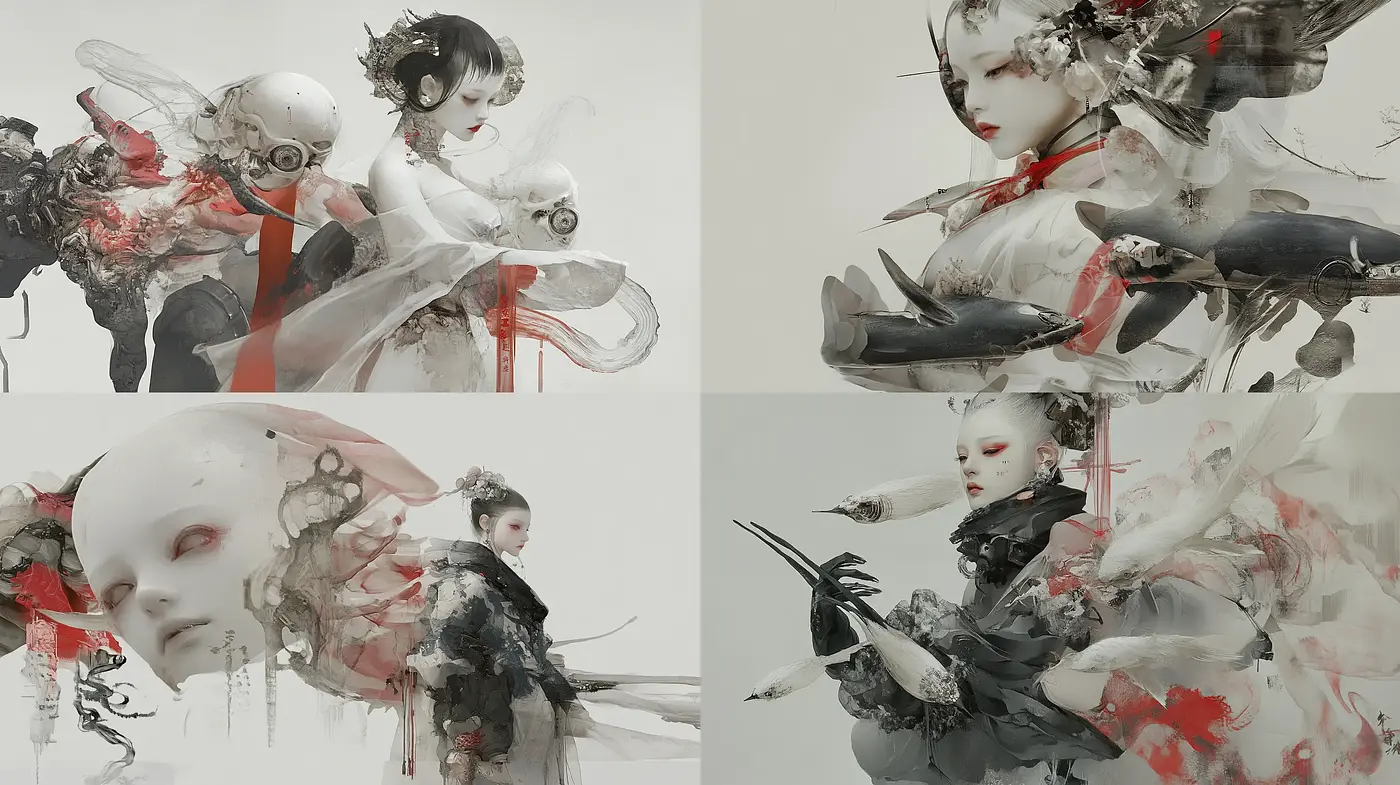 Ethereal Whispers of Red: A Dreamlike Fusion of Ink Wash and Digital Artistry - Midjourney sref style