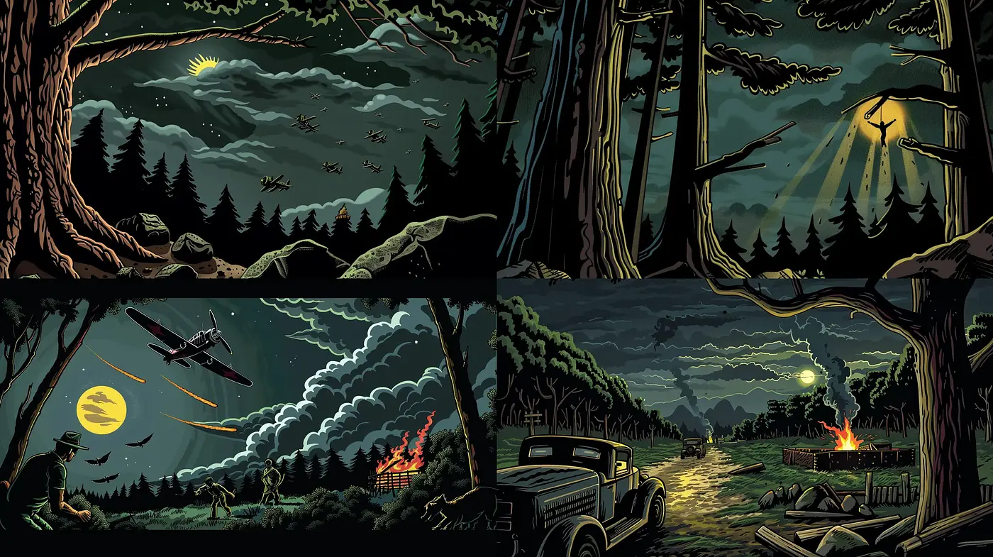 Nocturnal Sylvan Drama Embodied in Stylized Comic Imagery - Midjourney sref style