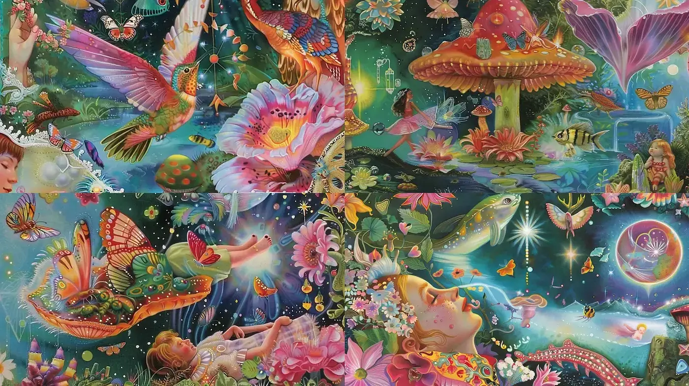 Surreal and Dreamlike Nature Art with Vibrant Elements - Midjourney sref style
