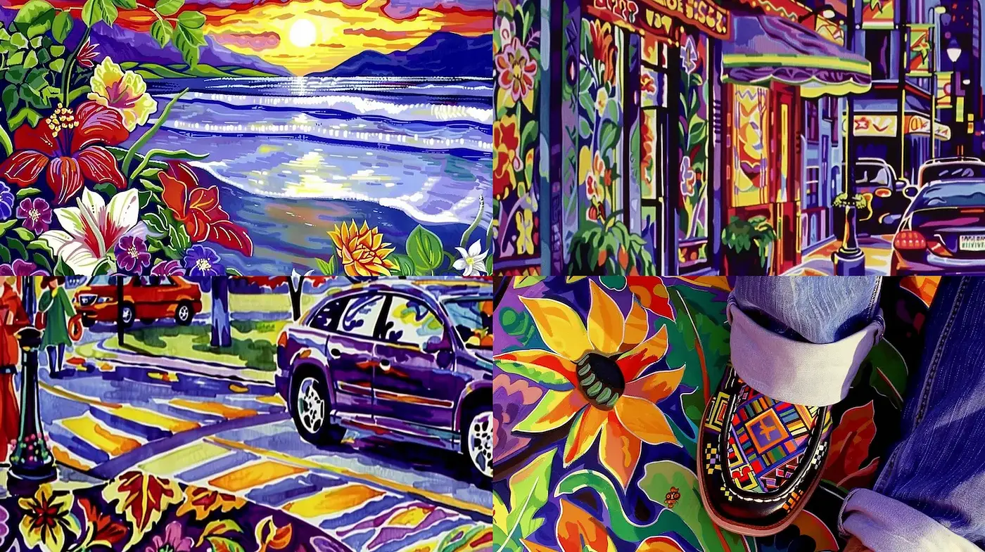 Vivid Tropical Whimsy with Expressive Textures and Rich Colors - Midjourney sref style