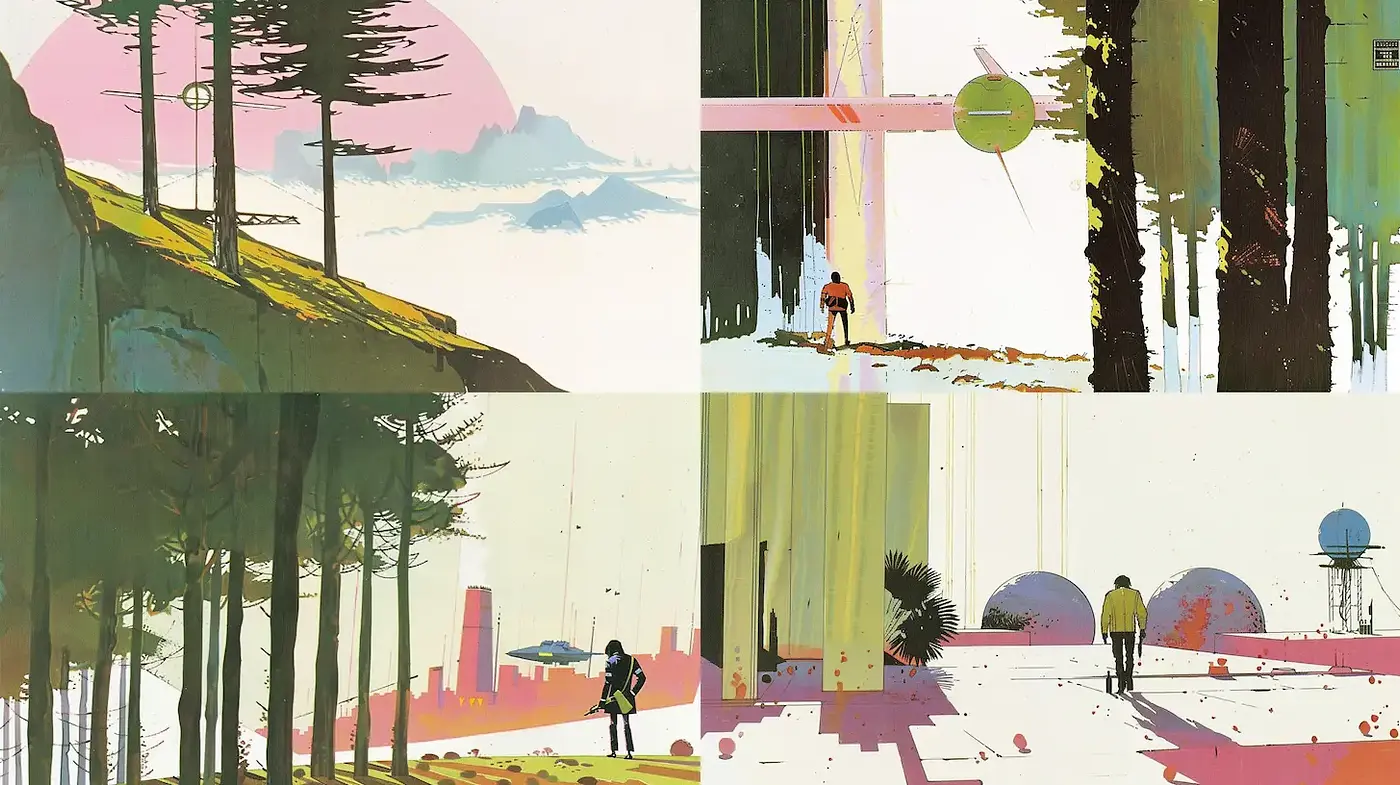 Contemporary Abstract Landscape with Retro Futuristic Elements - Midjourney sref style