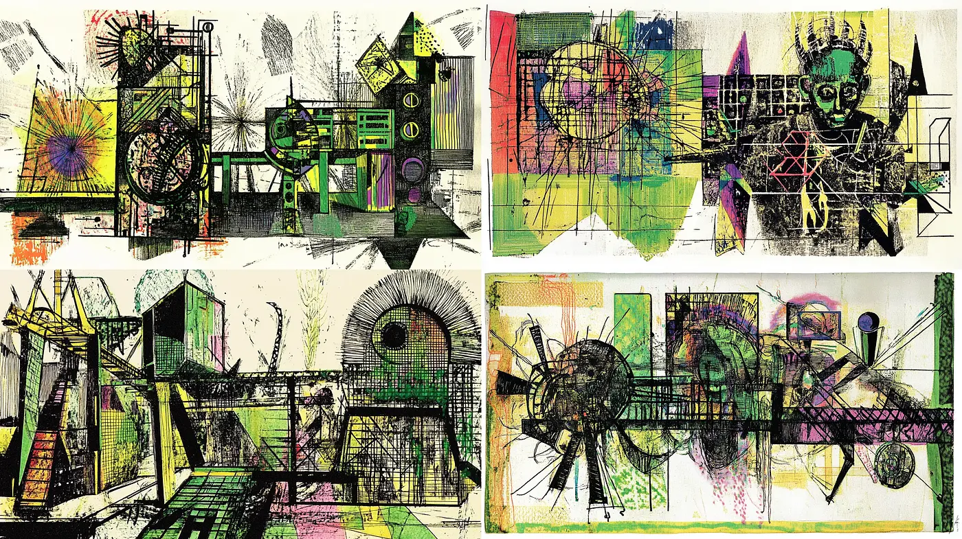 Abstract Mechanical Symphony in Heterogeneous Hues - Midjourney sref style