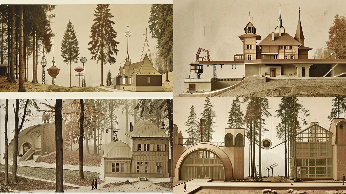Sepia-Toned Architectural Dreamscapes with a Vintage Ethereal Essence - Midjourney sref style