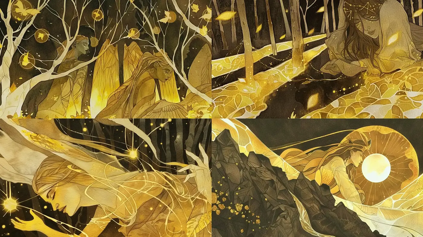 Ethereal Golden Dreamscape: A Luminescent Art Nouveau Revival - Midjourney sref style