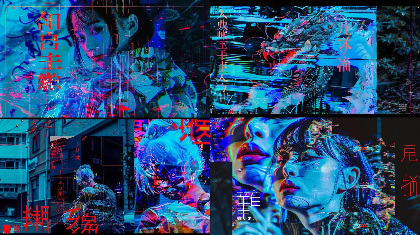 Futuristic and vibrant cyberpunk aesthetic with glitch art elements - Midjourney sref style