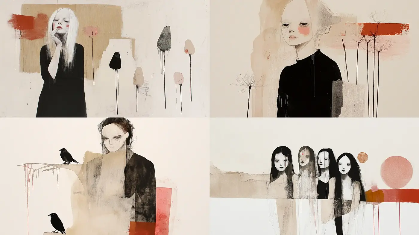 Ethereal Minimalism in Monochromatic Shades with Pop of Reds - Midjourney sref style