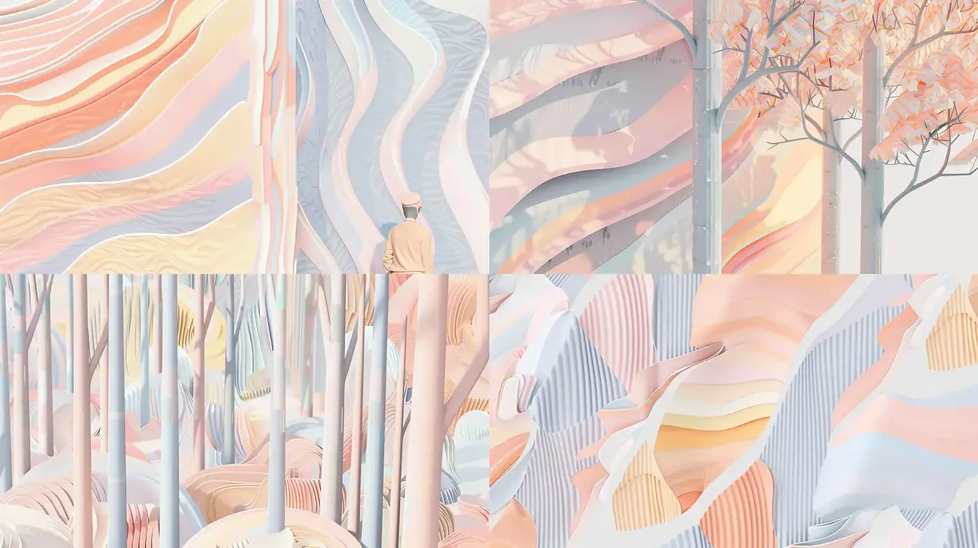 Sinuous Textures and Soft Color Gradients in a Whimsical Landscape - Midjourney sref style