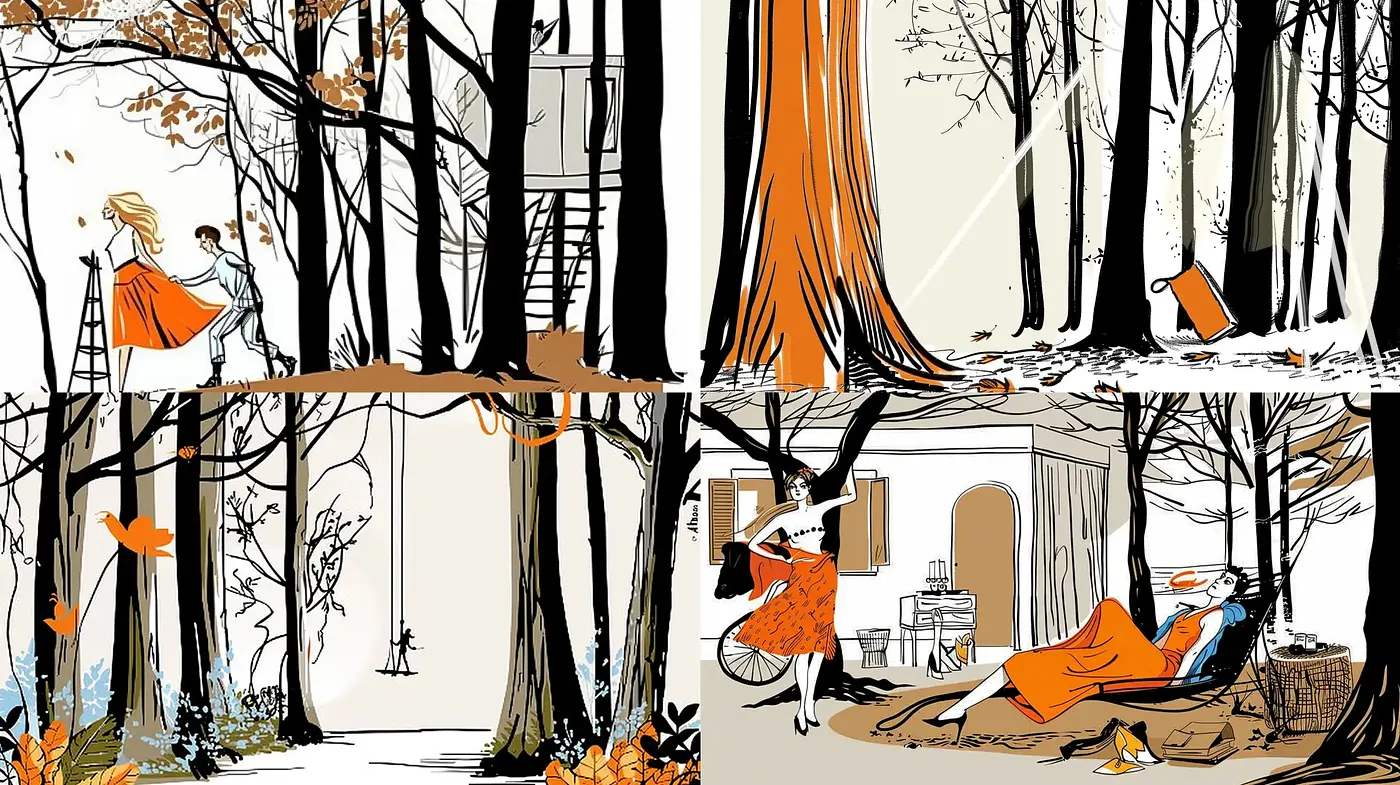 Autumnal Hues and Expressive Lines in Stylized Forest Illustrations - Midjourney sref style