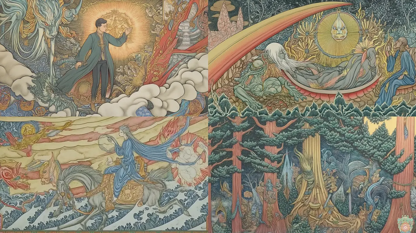 Surreal Mythological Tapestry: A Fusion of Dreamlike Imagery and Elaborate Patterns - Midjourney sref style