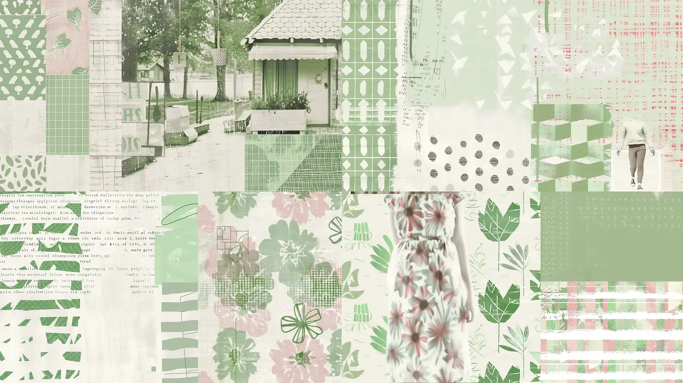 Whimsical Patchwork of Greens: A Collage of Botanical Textures and Vintage Patterns - Midjourney sref style