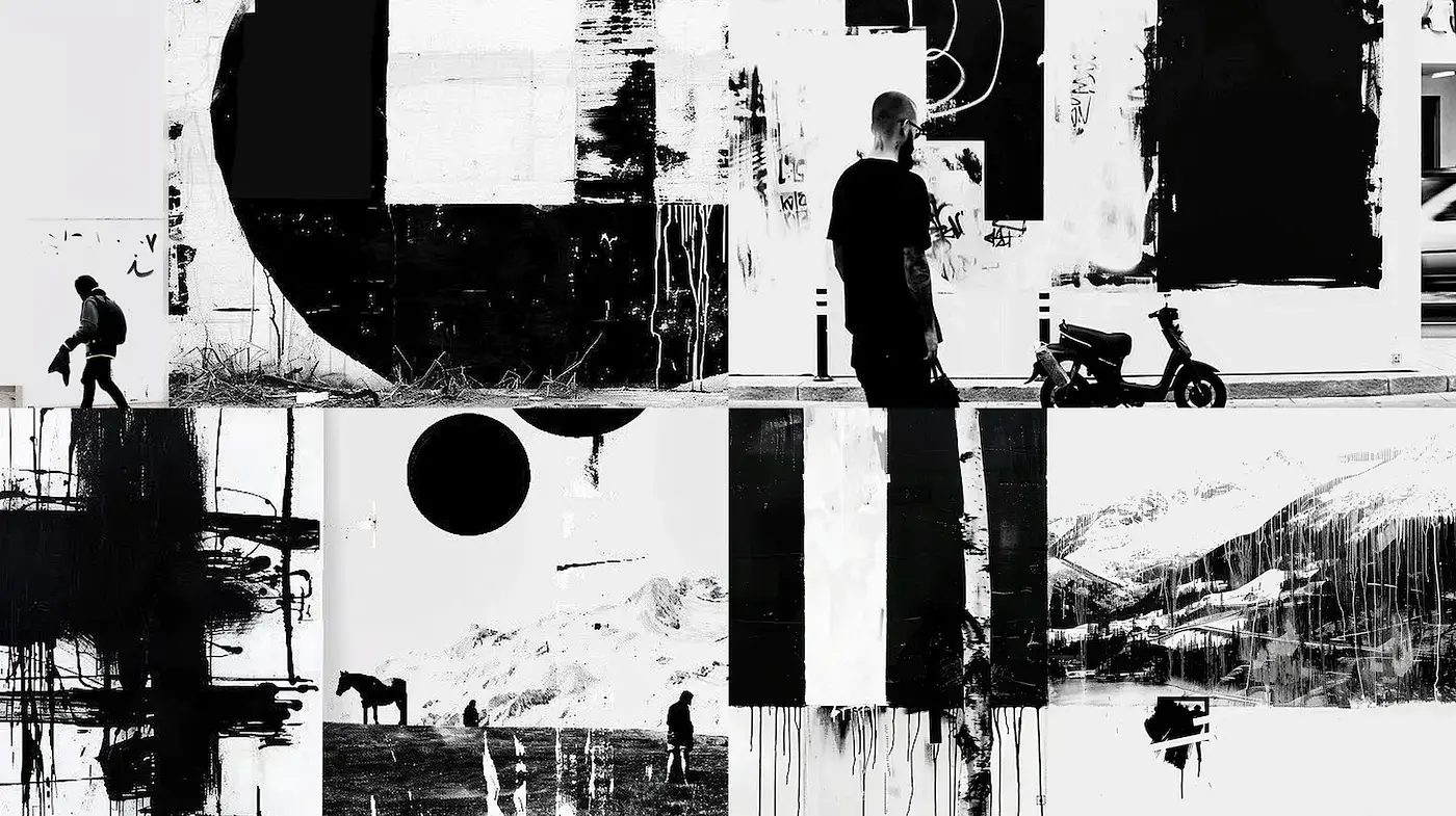 Dynamic Monochromatic Urban Abstract with Influences of Modern Graffiti and Street Art - Midjourney sref style