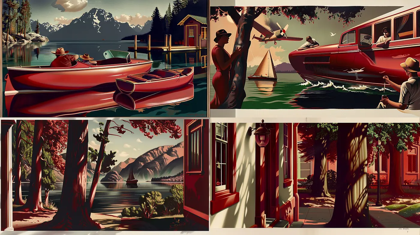 Timeless Serenity in Stylized Vintage Vistas: A Harmonious Fusion of Classic Nostalgia and Vivid Nature - Midjourney sref style