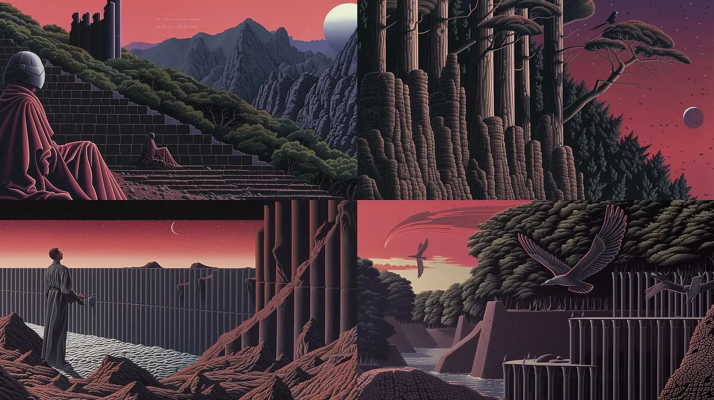 Twilight Reverie in Stylized Landscape Tableaus - Midjourney sref style
