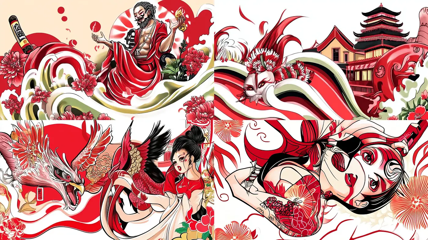 Elegant Fusion of Traditional Japanese Imagery with Contemporary Illustration Techniques - Midjourney sref style