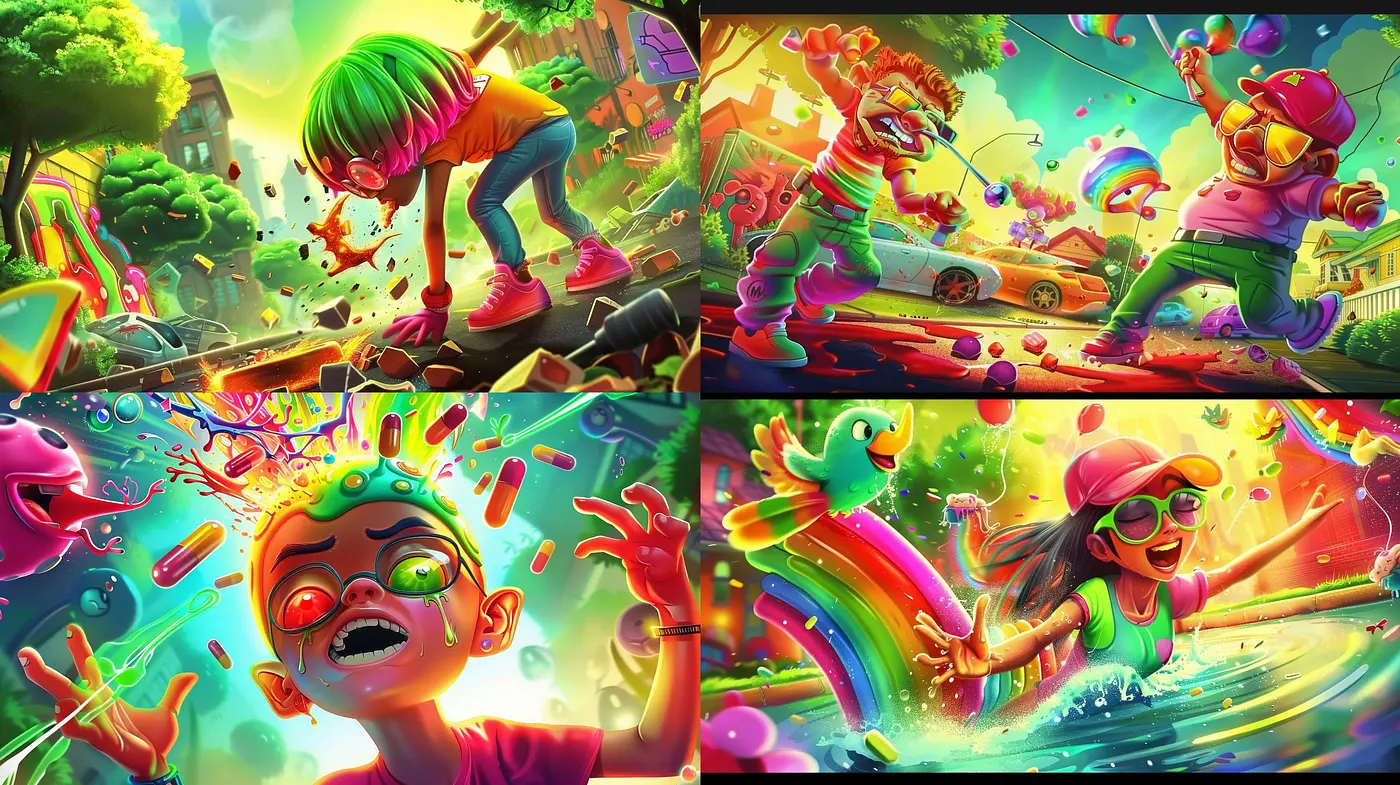 Kaleidoscopic Whimsy in Digital Dreamscape: A Vivid Tribute to Surrealist Animation - Midjourney sref style