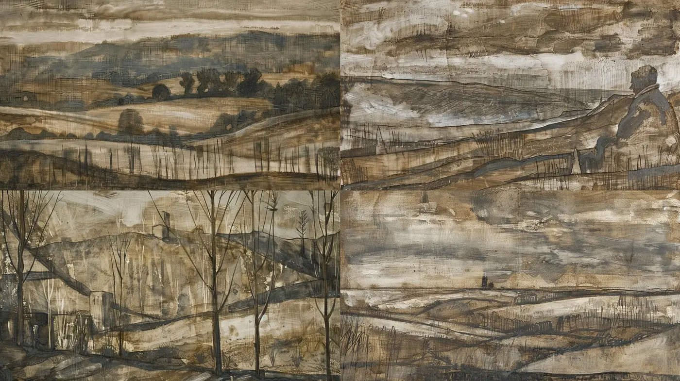 Sepia-Toned Textured Vistas: A Harmonious Fusion of Nostalgia and Abstract Minimalism - Midjourney sref style