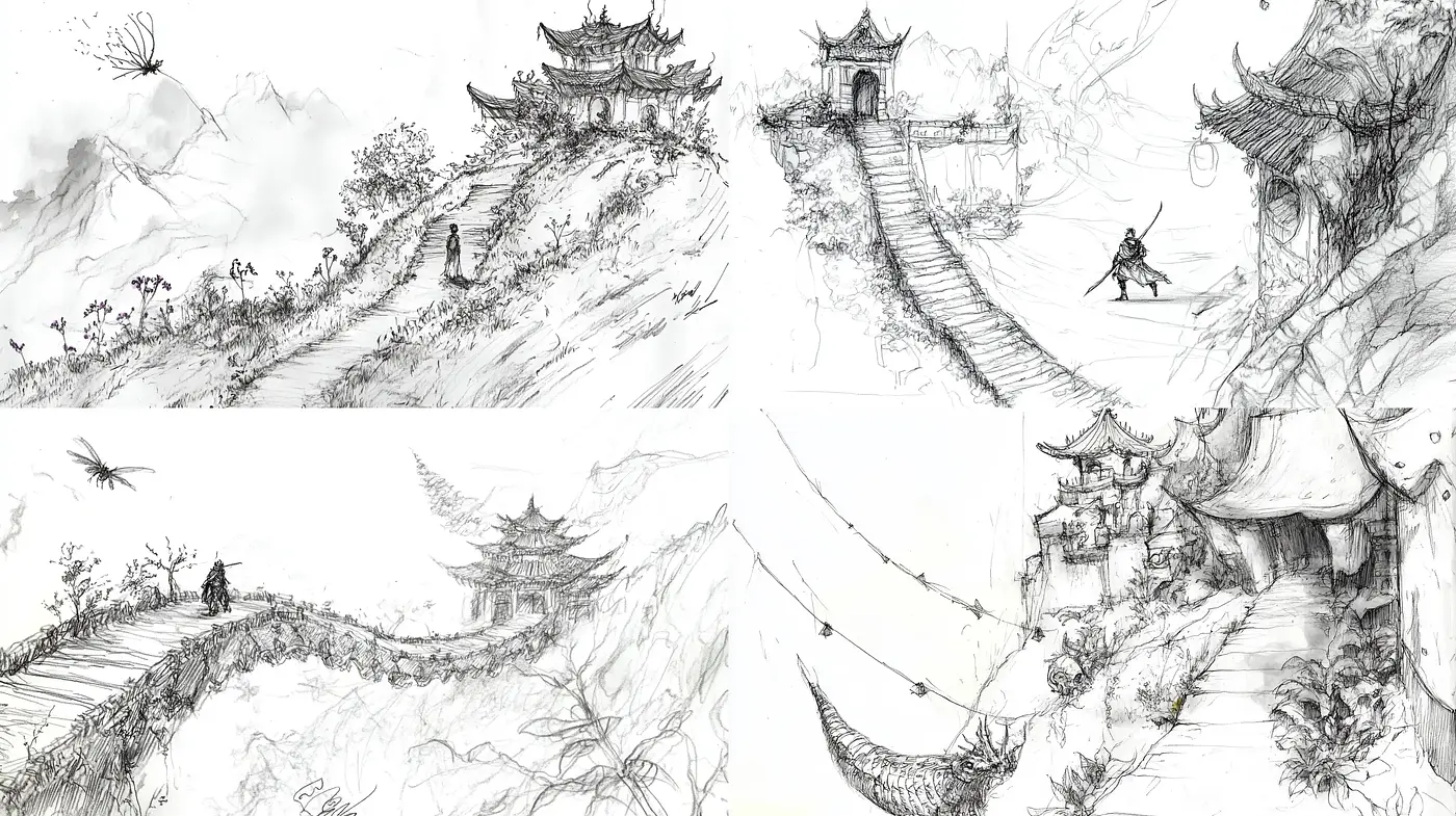 Monochrome Ink-Sketches of Idyllic Asian Landscapes - Midjourney sref style