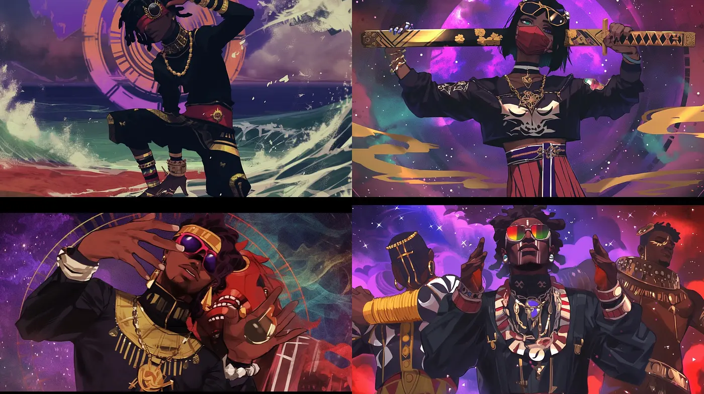 Ethereal Afrofuturism with Vibrant Cosmic Backdrops - Midjourney sref style