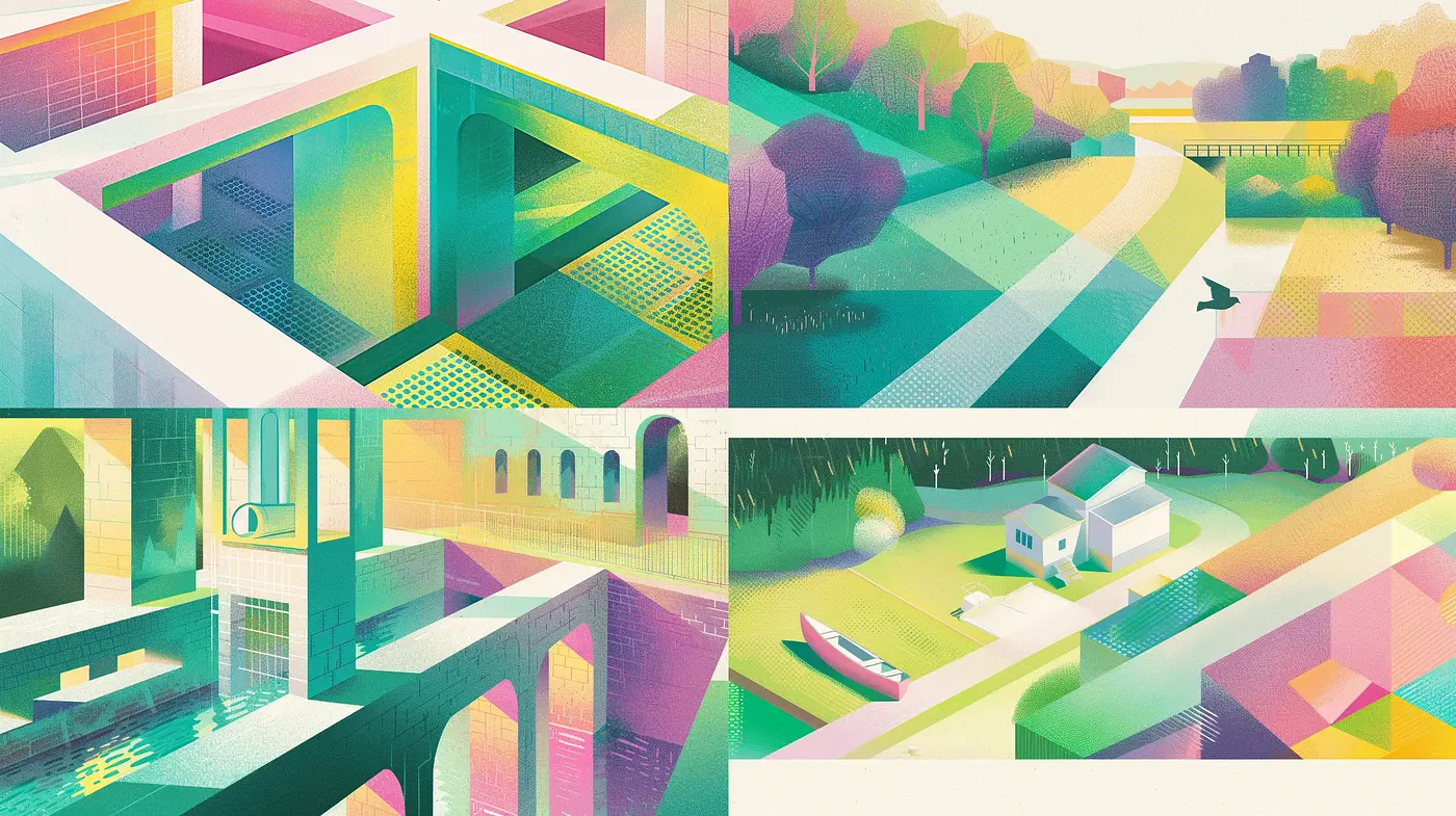 Pastel Dreamscape: Geometric Serenity in Modernist Tableau - Midjourney sref style