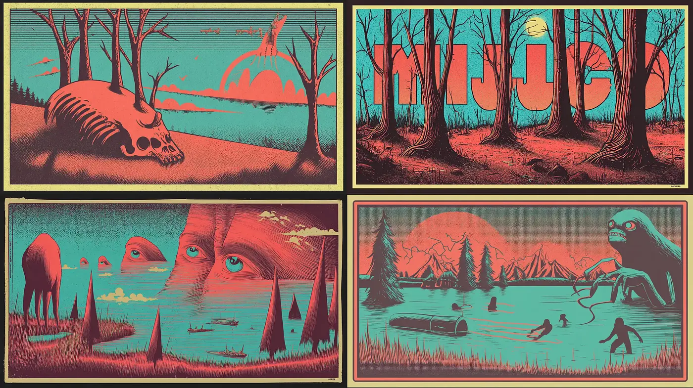 Surreal Landscapes with Retro Aesthetic and Bold Colors - Midjourney sref style