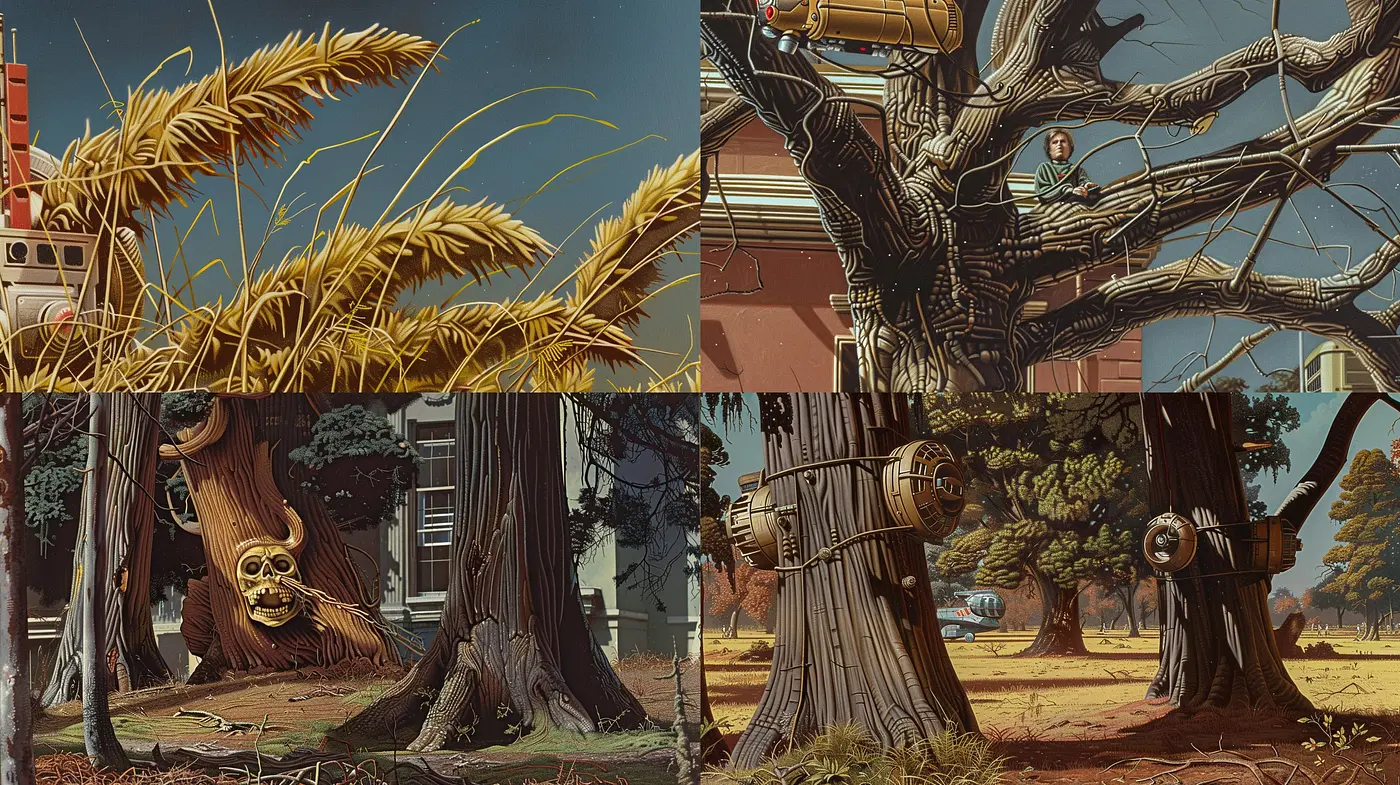Autumnal Science Fiction Vistas: An amalgam of nature and technology in an illustrated world - Midjourney sref style