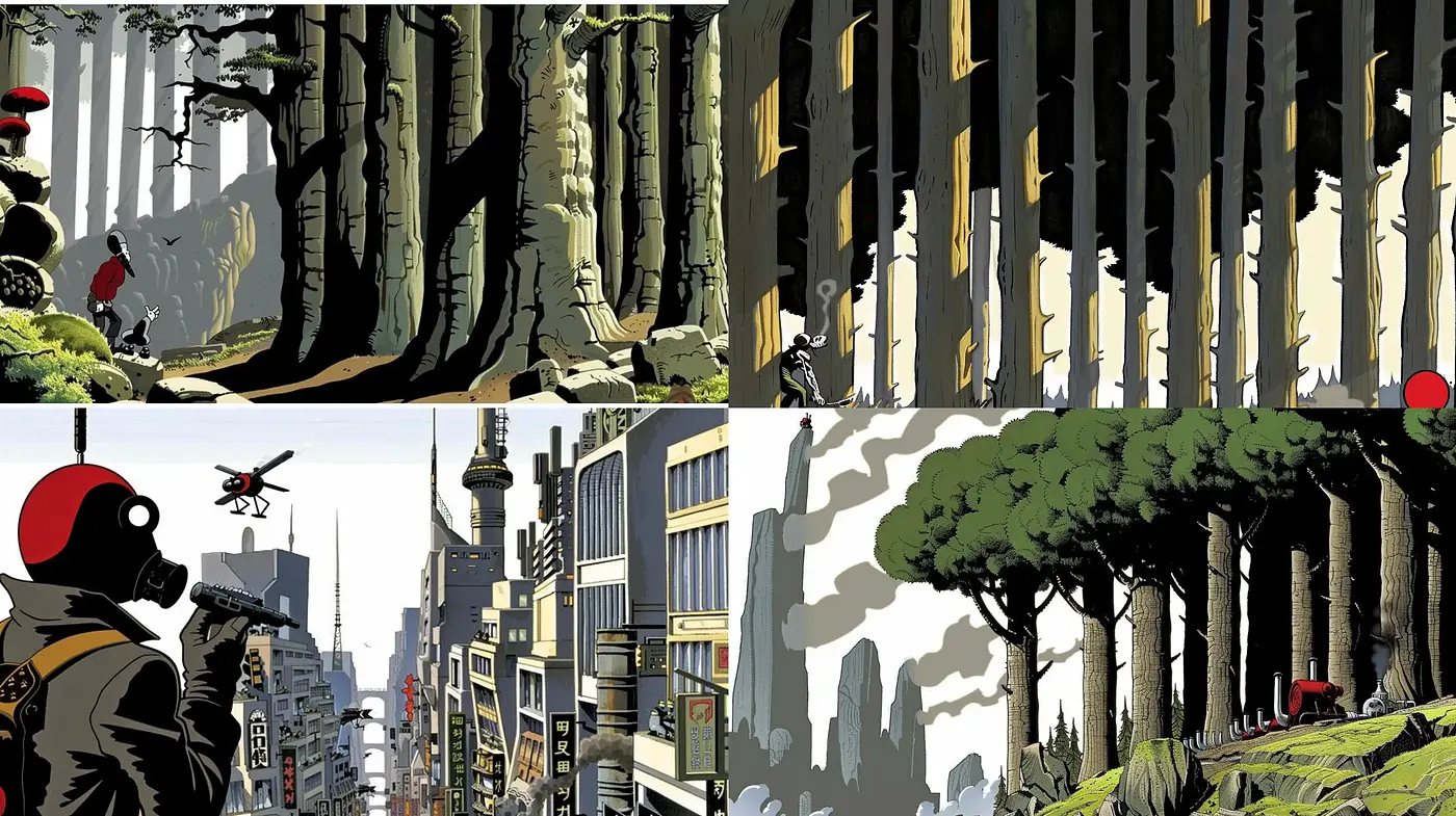 Stylized Graphic Novel Illustration with Retro-Futuristic Overtones - Midjourney sref style