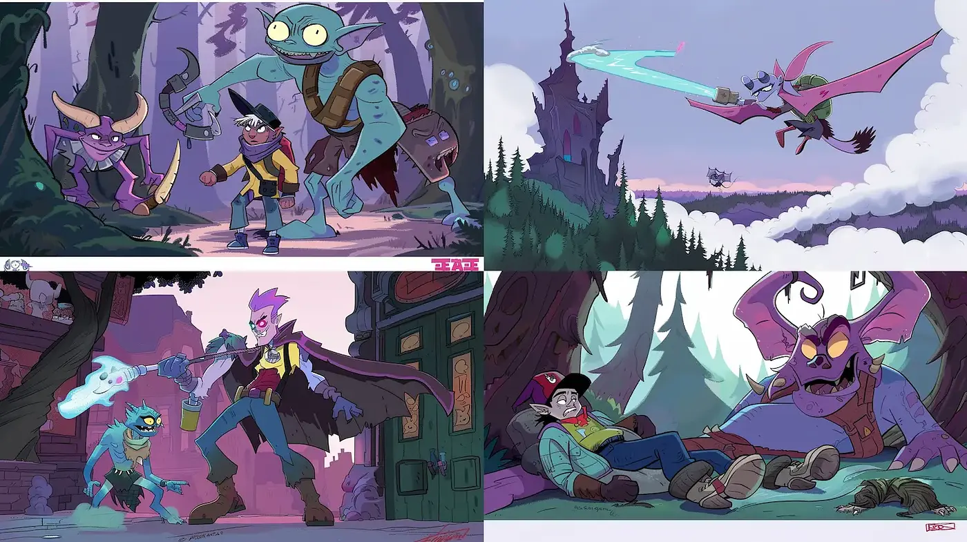 Dynamic and Colorful Animated Adventure with a Touch of Dark Fantasy - Midjourney sref style