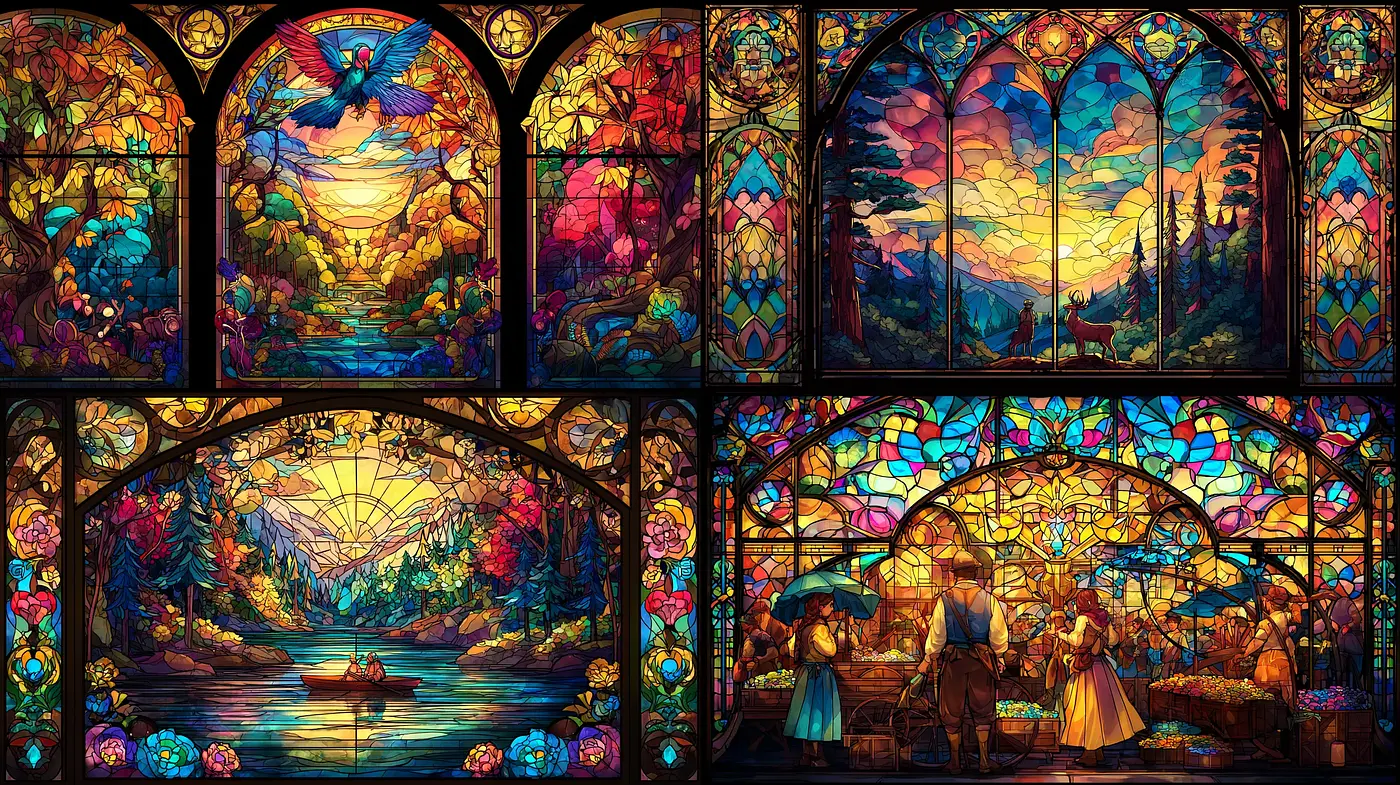 Vibrantly Luminous Stained Glass Art with Nature Themes - Midjourney sref style