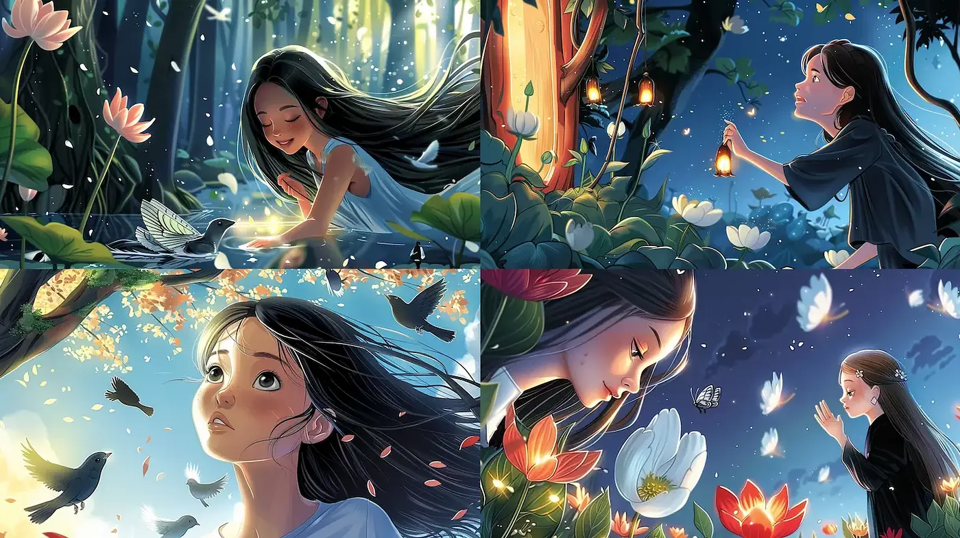 Enchanting illustrations with a whimsical, nature-infused aesthetic - Midjourney sref style