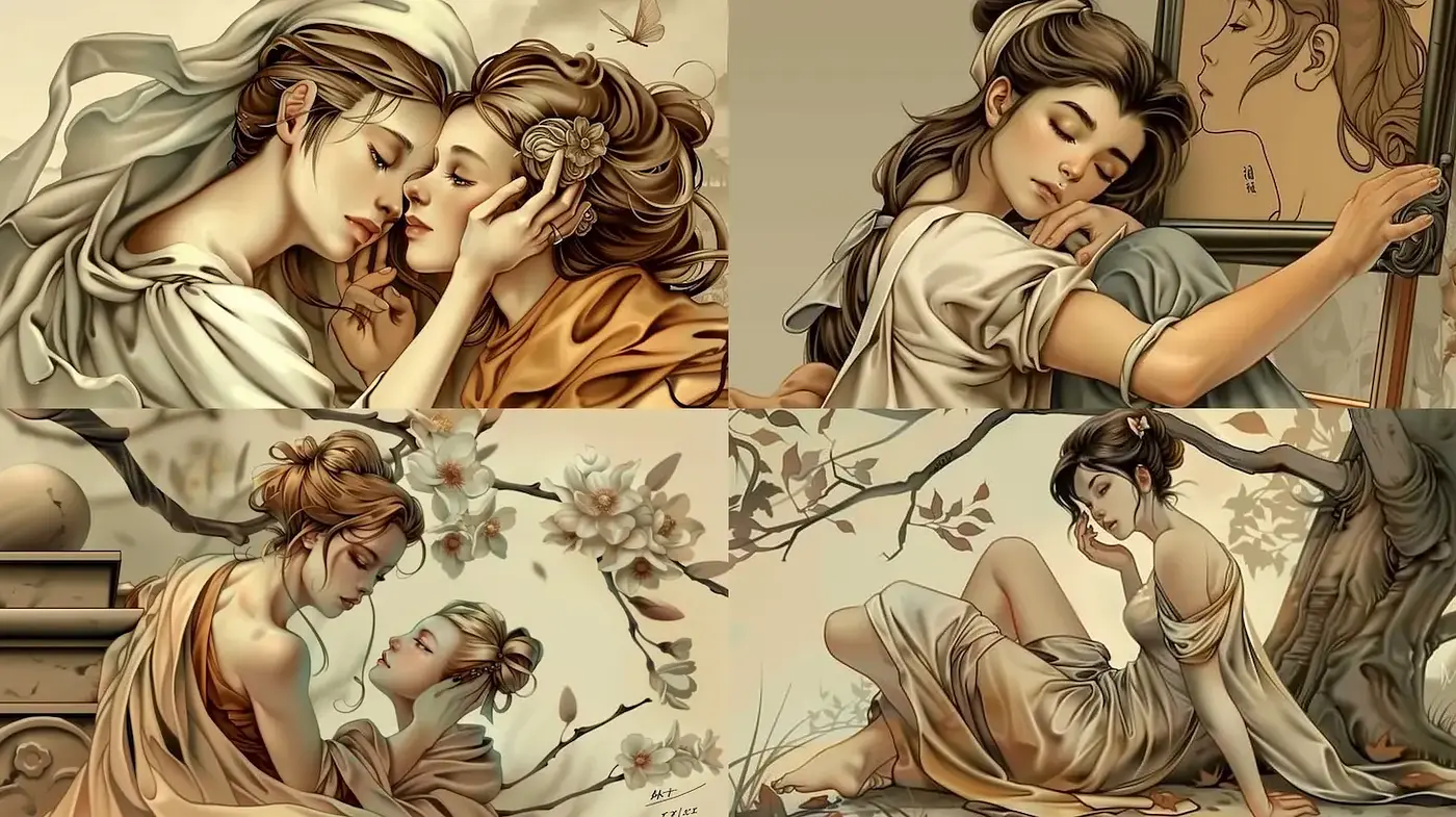 Elegant exploration of intimacy and emotion through soft colors and classical aesthetics - Midjourney sref style