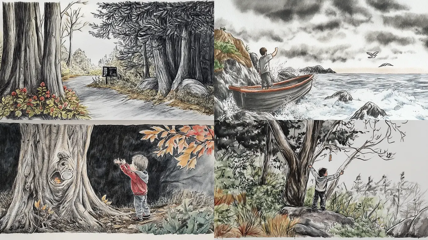 Muted Tones and Detailed Line Art in Natural Settings - Midjourney sref style