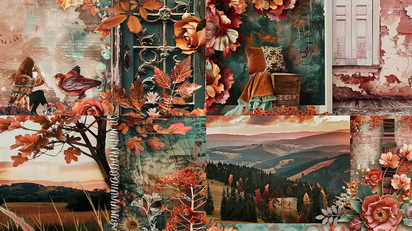 Autumnal Dreamscape: A Collage of Rustic Elegance and Pastoral Serenity - Midjourney sref style