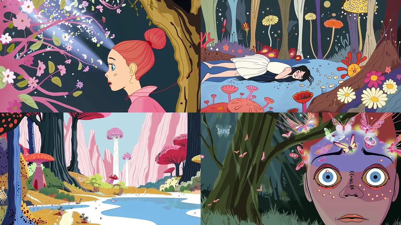 Enchanted Chromatic Woodlands: A Harmonic Blend of Whimsy and Nature in Stylized Illustration - Midjourney sref style