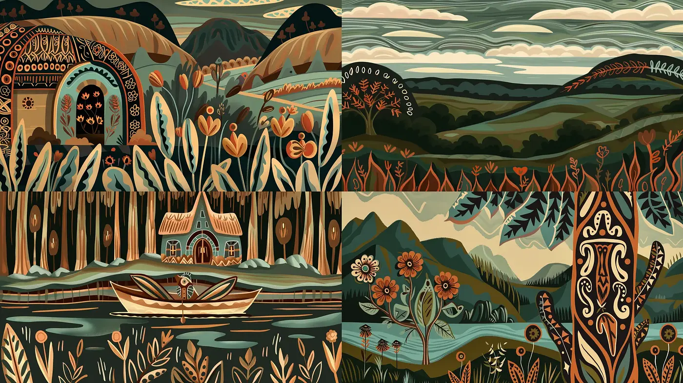 Enchanting Nature Tapestry in Stylized Pastoral Artistry - Midjourney sref style