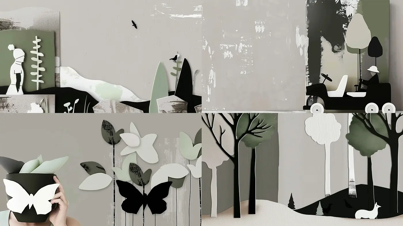 Monochromatic Whimsy: A Study in Simplified Nature and Abstracted Forms - Midjourney sref style