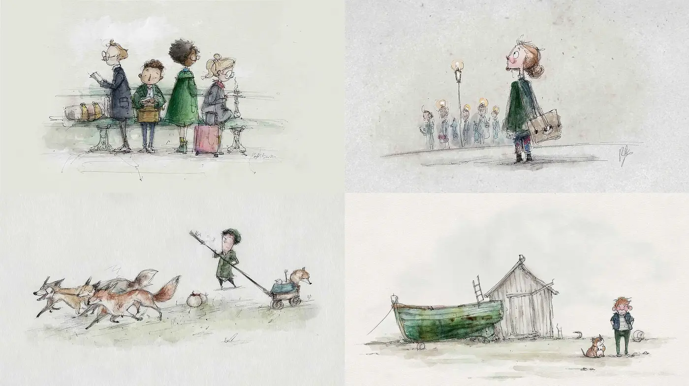 Charming whimsical illustrations with a muted palette and gentle storytelling - Midjourney sref style
