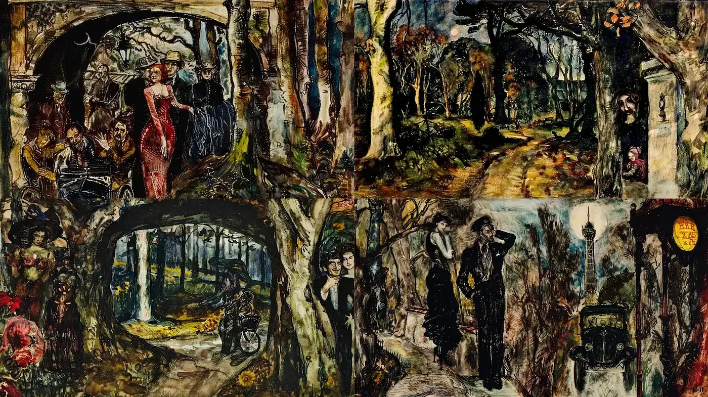 Intricate, moody compositions with a blend of vintage and surreal elements - Midjourney sref style