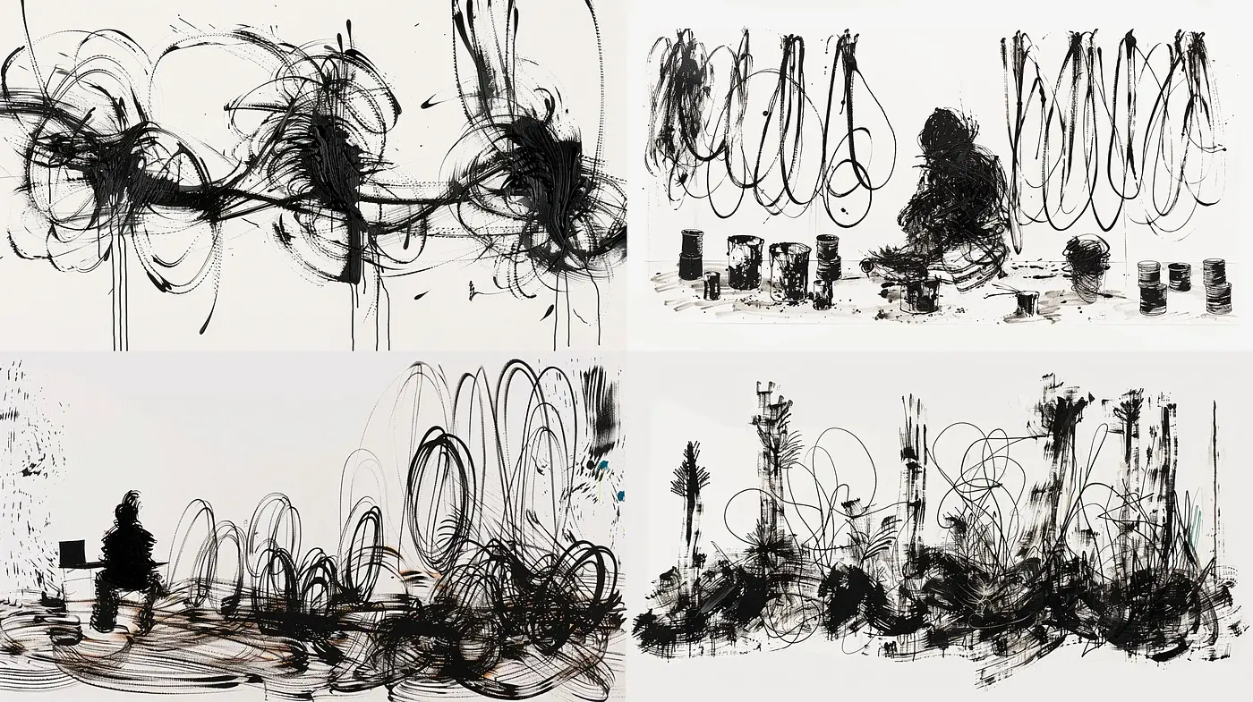 Chaotic Monochromatic Whirls and Smudges Art - Midjourney sref style