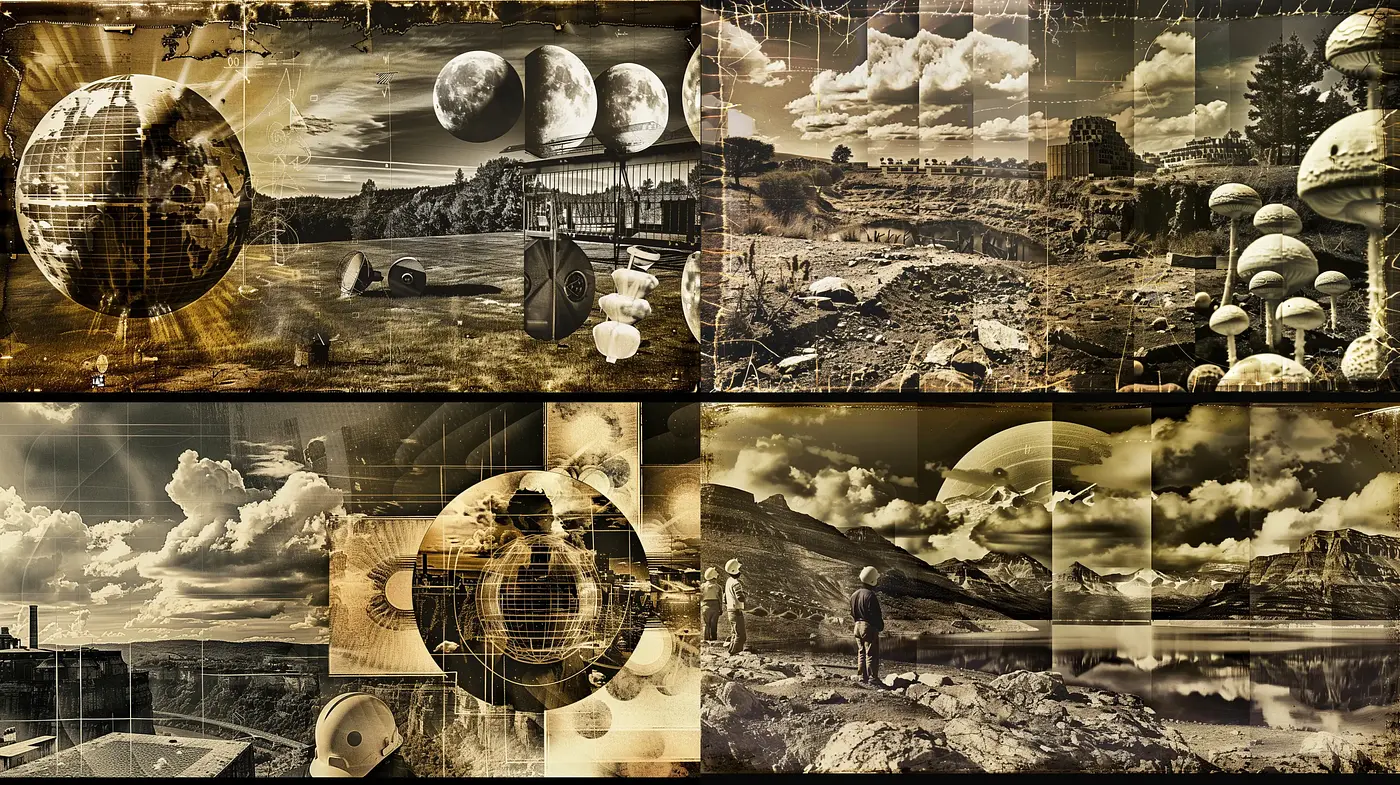 Surreal Sepia Collage of Cosmic Dreamscapes - Midjourney sref style