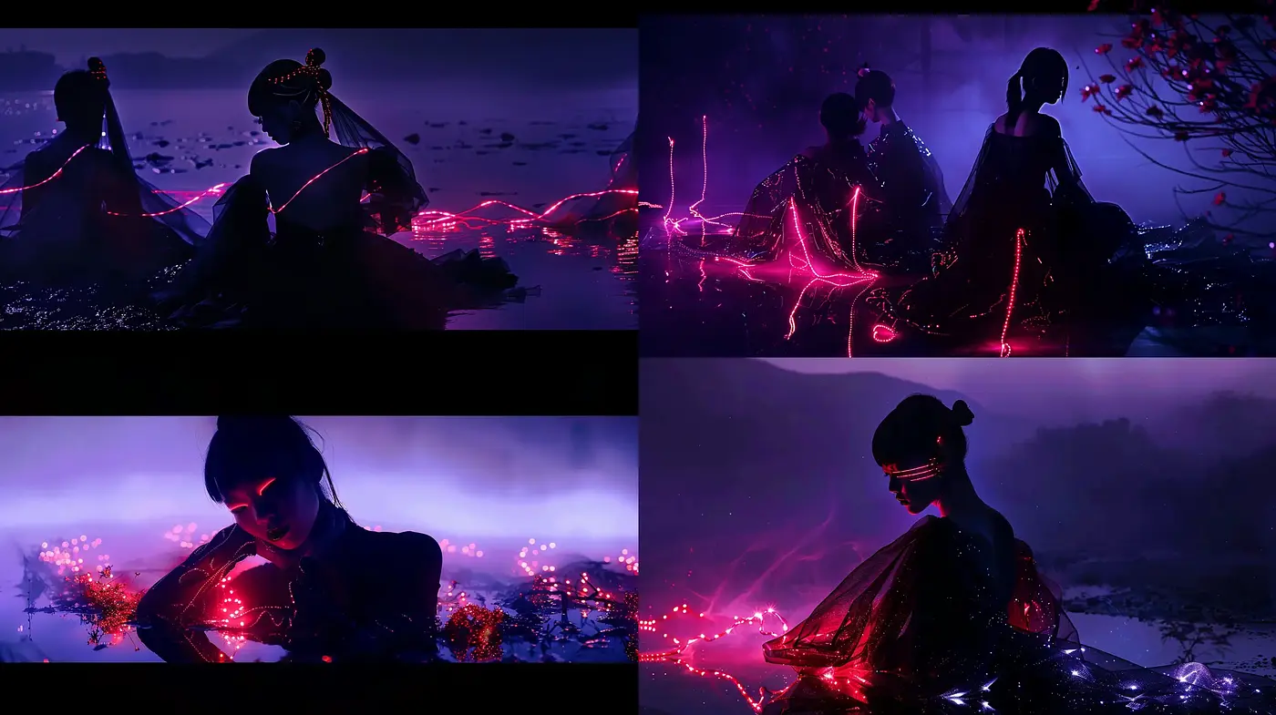 Nocturnal Elegance with Neon Flourishes: A Cyberpunk Dreamscape - Midjourney sref style
