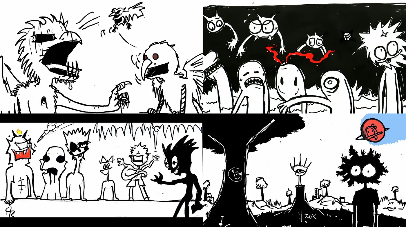 Monochrome Whimsy: A Dance with Shadows and Cartoonesque Contours - Midjourney sref style