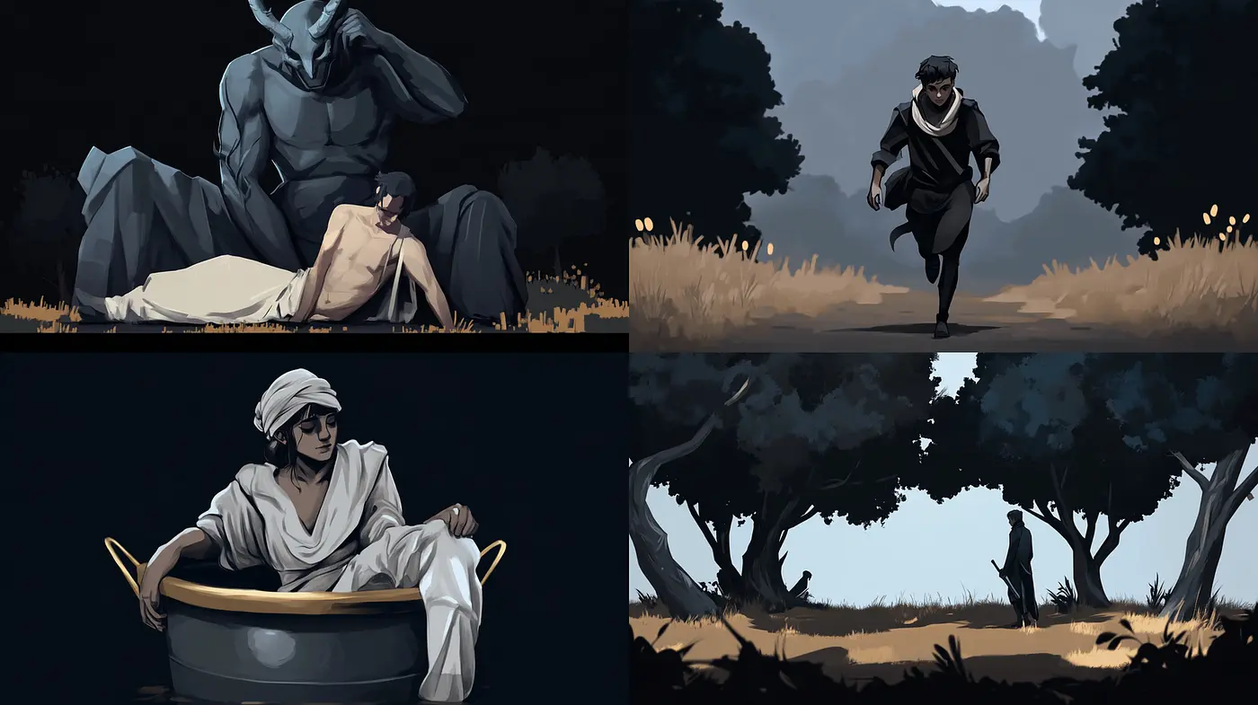 Dramatic and Mystical Narrative Style with Stylized Characters - Midjourney sref style