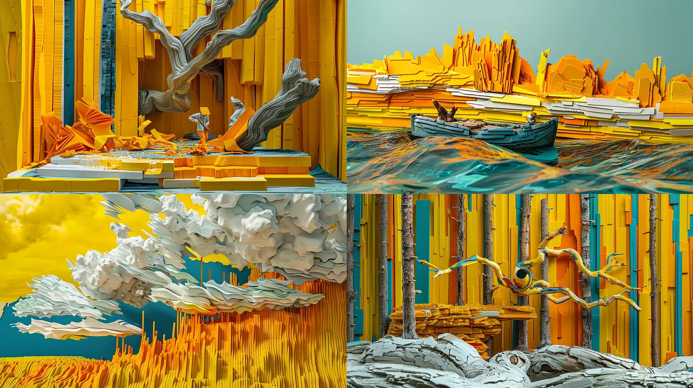 Surreal Contrasts in Vivid Tones: A Study in Harmony and Texture - Midjourney sref style